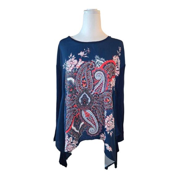 DG2 Diane Gilman Women's Size Large Navy Paisley Asymmetrical Blouse - Picture 1 of 7